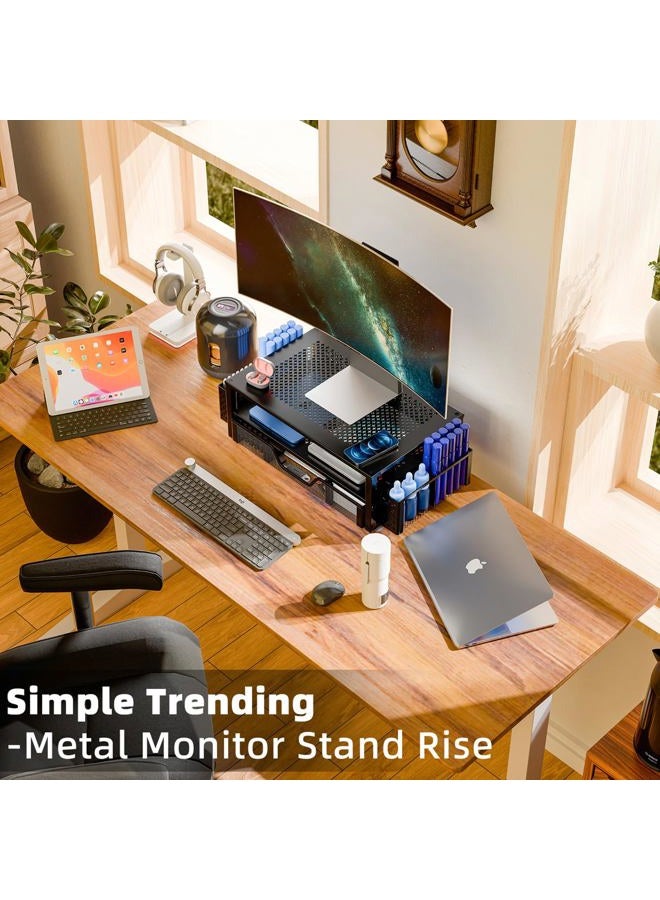 Simple Trending 2 Tier Metal Monitor Stand Monitor riser and Computer Desk Organizer with Drawer and Pen Holder for Laptop, Computer, iMac, Black - Image 2