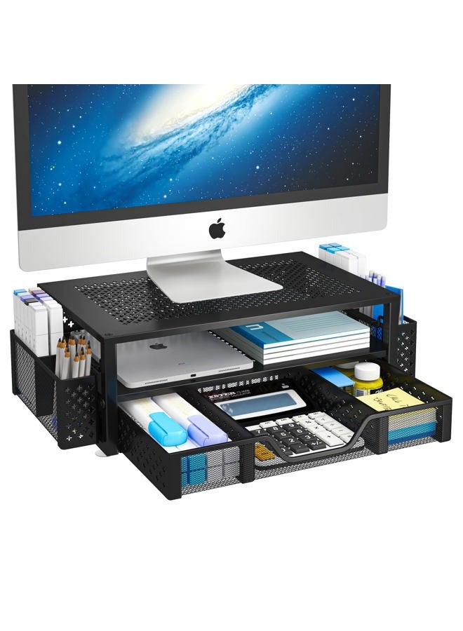 Simple Trending 2 Tier Metal Monitor Stand Monitor riser and Computer Desk Organizer with Drawer and Pen Holder for Laptop, Computer, iMac, Black - Image 1
