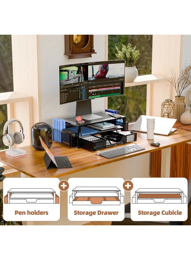 Simple Trending 2 Tier Metal Monitor Stand Monitor riser and Computer Desk Organizer with Drawer and Pen Holder for Laptop, Computer, iMac, Black - Image 4