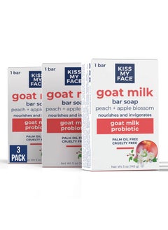 Kiss My face Kiss My Face Goat Milk Bar Soap, With Goat Milk and Probiotics, Nourishes and Invigorates, Bar Soaps for Hands and Body, Cruelty Free and Palm Oil Free, Peach and Apple Blossom Scents, Pack of 3  - Image 1
