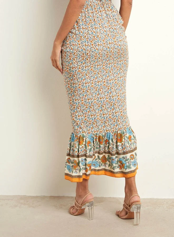 Styli Ruched Side Detail Floral Printed Midi Skirt