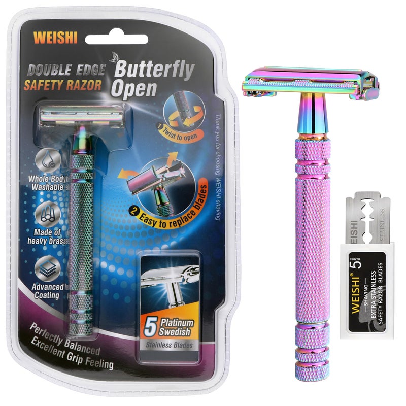 WEISHI Butterfly Open Double Edge Safety Razor for Men and Women, Elegant Rainbow Color Handle with 5 Stainless Razor Blades Included, Reusable Wet Shave Tool for Smooth, Close Shave - Image 1