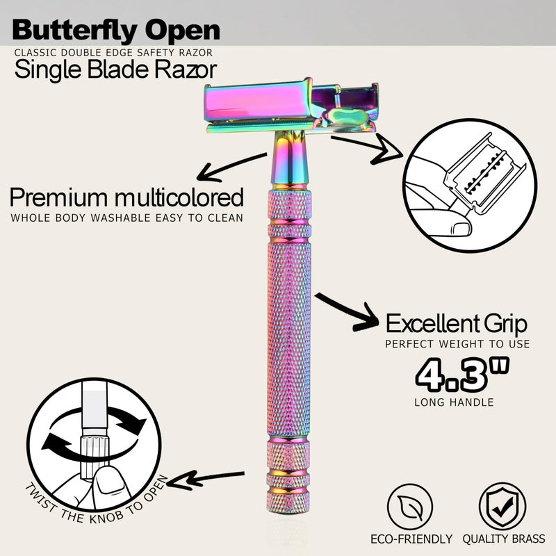 WEISHI Butterfly Open Double Edge Safety Razor for Men and Women, Elegant Rainbow Color Handle with 5 Stainless Razor Blades Included, Reusable Wet Shave Tool for Smooth, Close Shave - Image 2