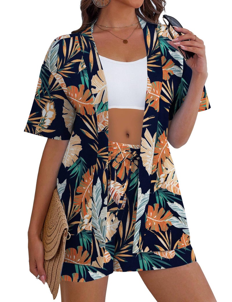 REDHOTYPE Women's 2 Piece Outfits Kimono Style Tropical Print Cover Ups Half Sleeve Blouse Shorts Set Summer Beachwear,Dark Flower 01,M - Image 2