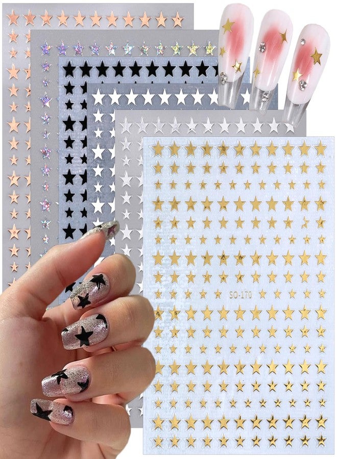 LRKNNO 6 Sheets Shiny Star Nail Art Stickers Self-Adhesive 3D Nail Art Supplies Gold Sliver Black White Design Star Nail Decals Holographic Glitter Star Stickers for Acrylic Manicure DIY Women Nail Decor - Image 1