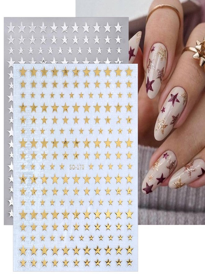LRKNNO 6 Sheets Shiny Star Nail Art Stickers Self-Adhesive 3D Nail Art Supplies Gold Sliver Black White Design Star Nail Decals Holographic Glitter Star Stickers for Acrylic Manicure DIY Women Nail Decor - Image 2