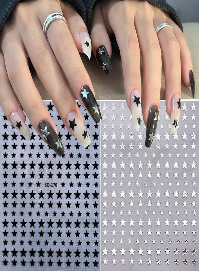 LRKNNO 6 Sheets Shiny Star Nail Art Stickers Self-Adhesive 3D Nail Art Supplies Gold Sliver Black White Design Star Nail Decals Holographic Glitter Star Stickers for Acrylic Manicure DIY Women Nail Decor - Image 5