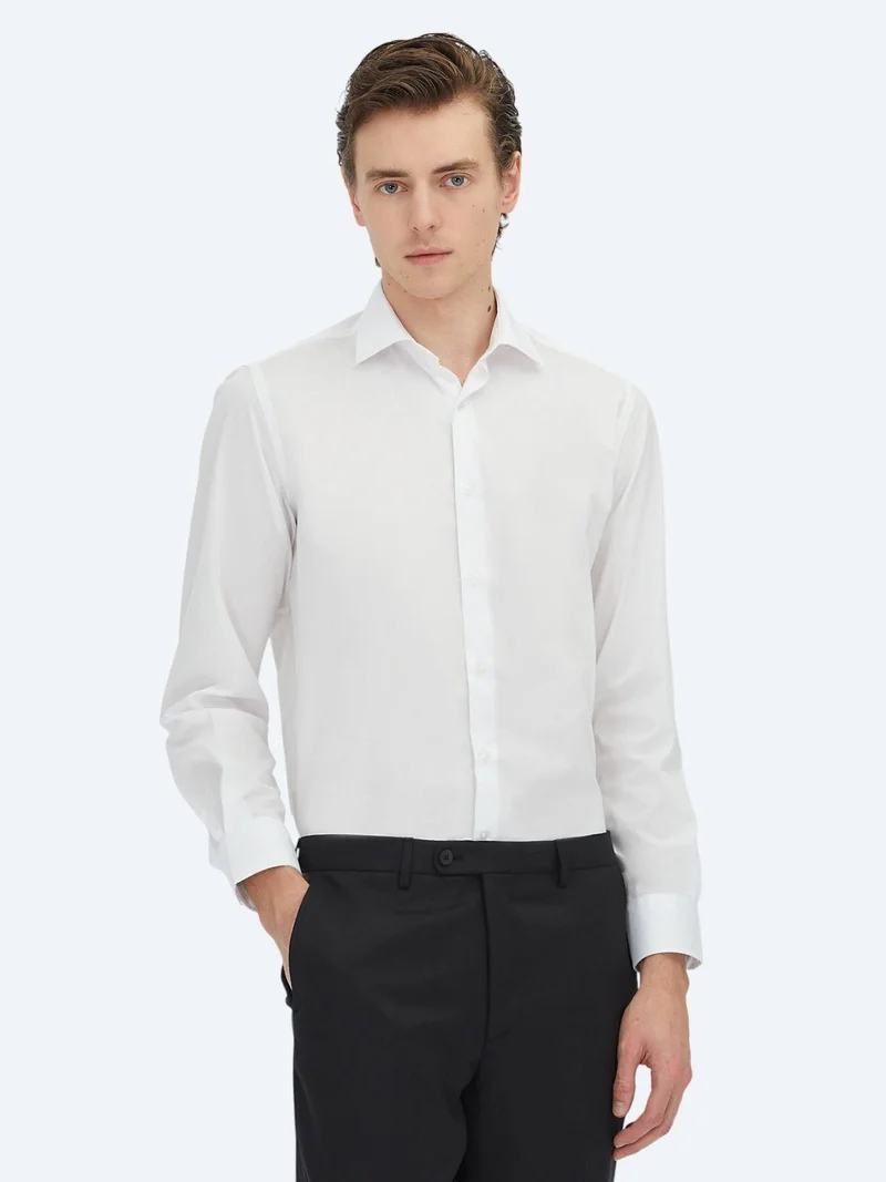 Kip White Regular Fit Long Weaving Classical Cotton Blended Shirt