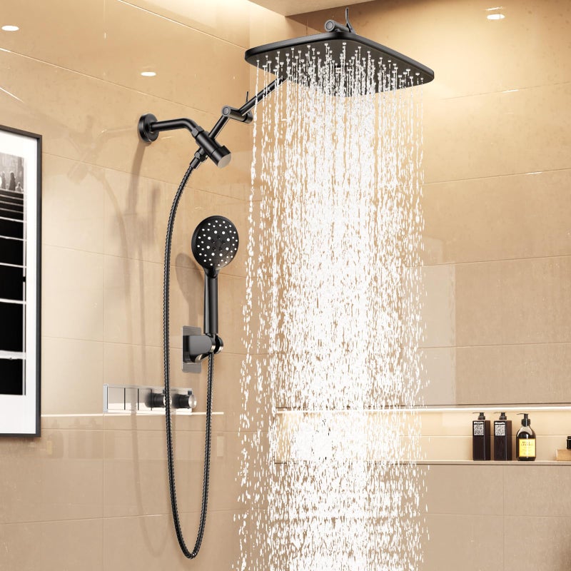 Veken 11.8" Rain Shower Head with Handheld, High Pressure Handheld Shower Heads with Multi Spray Modes, Rainfall Combo with 15" Metal Extension Arm,Detachable Dual Shower, Long 6 ft. Hose,Matte Black - Image 1