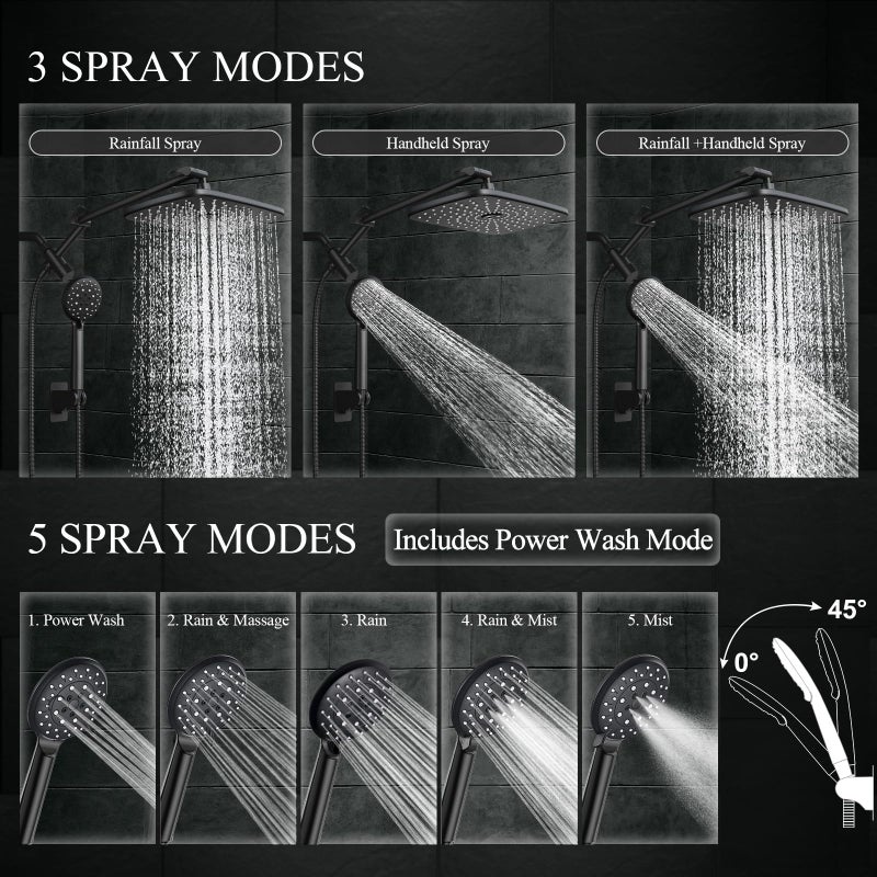 Veken 11.8" Rain Shower Head with Handheld, High Pressure Handheld Shower Heads with Multi Spray Modes, Rainfall Combo with 15" Metal Extension Arm,Detachable Dual Shower, Long 6 ft. Hose,Matte Black - Image 4