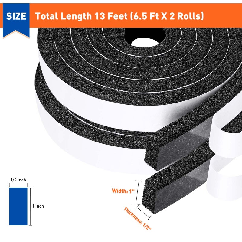 MAGZO Weather Stripping Door Seal 1 Inch W X 1/2 Inch T, Strong Adhesion and High Resilience Air Conditioner Foam Insulation for Cars, Total Length 13 Feet (6.5 ft x 2 Rolls) - Image 2