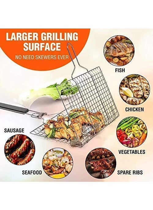 ONPRIX ONPRIX Portable Barbecue Mini Grill Net Basket Stainless Steel Roast Grilling Tray Chromium Plated with HeatResistant Removable Wooden Handle for Fish Vegetables Steak Shrimp Chips and Other Food  - Image 3