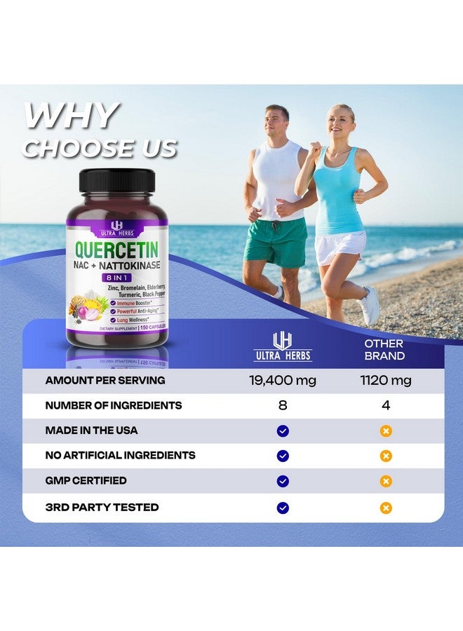 أعشاب فائقة مكمل كيرسيتين مع بروميلين وفيتامين سي والزنك وناتوكيناز وNAC وبلسان أسود وبلسان أسود | مركب مضاد للأكسدة فائق 8 في 1 لصحة المناعة | 150 كبسولة - Image 2