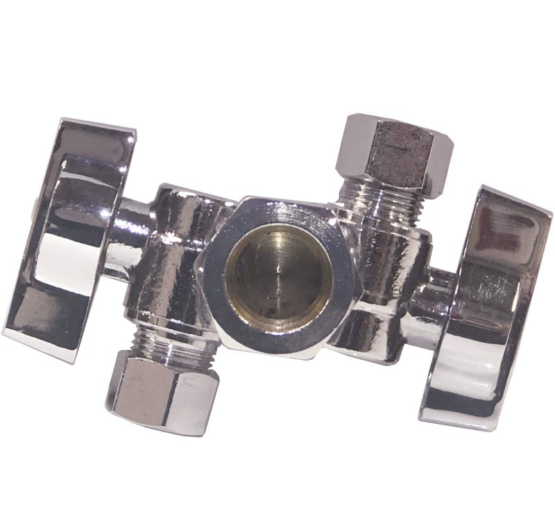EZFluid 58 Comp OD X 38 Comp X 38 Comp 14 Turn Double Metal Two Handles Dual Outlet Brass Angle Stop Valve Water Shut Off Ball Valve For Water Pipes LFFaucet ToiletDishwasherFilter1