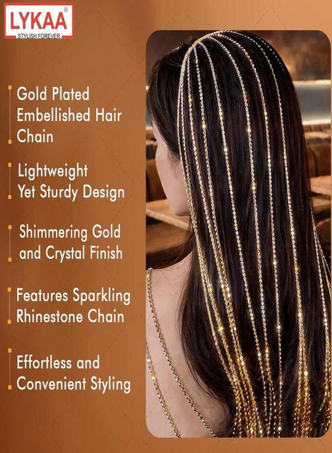 LYKAA Crystal Chain Hair Headband for Women | Gold Rhinestone Multi-String Hairband | Bridal & Party Hair Accessory, 1Pc, Golden - Image 4