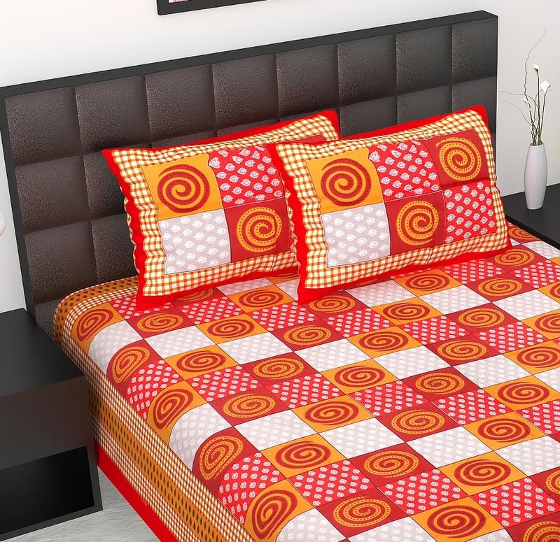 EWISH BOX Cotton Double Bedsheet with 2 Pillow Covers Spiral Pattern Red and Orange Checkered Design