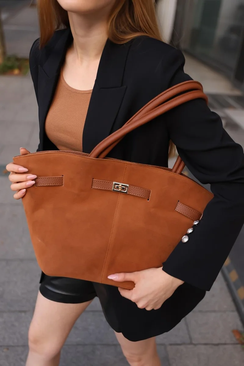 باهلس Women's Camel Suede Leather Magnetic Closure Lock Detailed Hand and Shoulder Bag