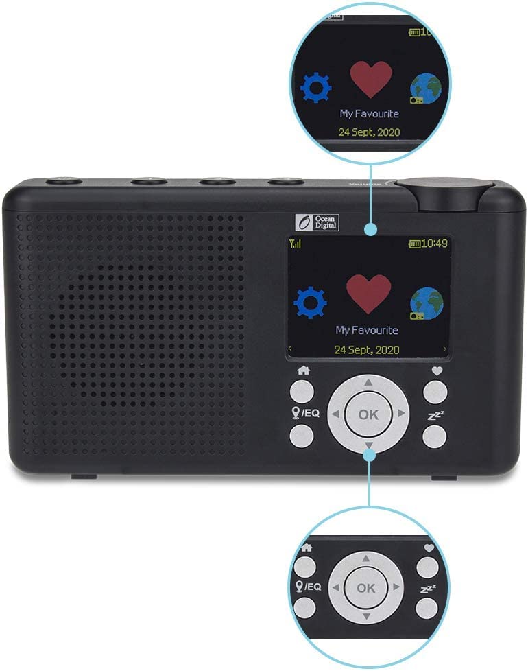 O OCEAN DIGITAL راديو إنترنت محمول Ocean Digital WR-23F FM 2.4 بوصة LCD ملون مع بطارية مدمجة واي فاي بلوتوث (أسود) - Image 3