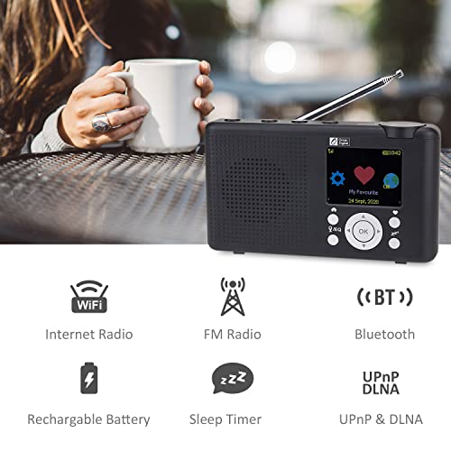 O OCEAN DIGITAL راديو إنترنت محمول Ocean Digital WR-23F FM 2.4 بوصة LCD ملون مع بطارية مدمجة واي فاي بلوتوث (أسود) - Image 2