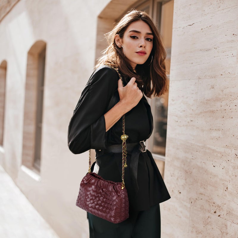 Joryin Woven Women's Crossbody Bag & Evening Purse, Trendy Dumpling Clutch & Hobo Cloud Shoulder Bag Trendy Dumpling Clutch Vegan Leather, Wine - Image 2