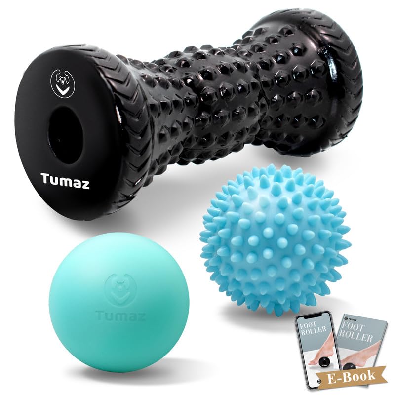 Tumaz Massage Ball Foot Roller 3in1 Set with Spiky Ball Lacrosse Ball Massage Roller Ergonomic Design to Relieve Plantar Fasciitis Foot Massager for Deep and Superficial Muscle Pain