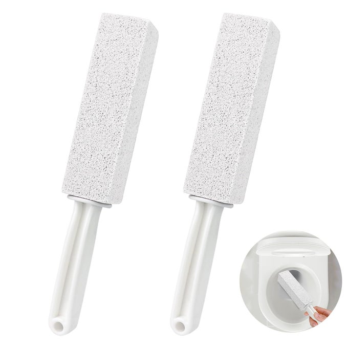 2 PACK PUMICE CLEANING STONE WITH HANDLE TOILET BOWL CLEANER TOILET BRUSH WITH NONSLIP LONG PLASTIC HANDLE FOR KITCHENBATHPOOLHOUSEHOLD CLEANING WHITE