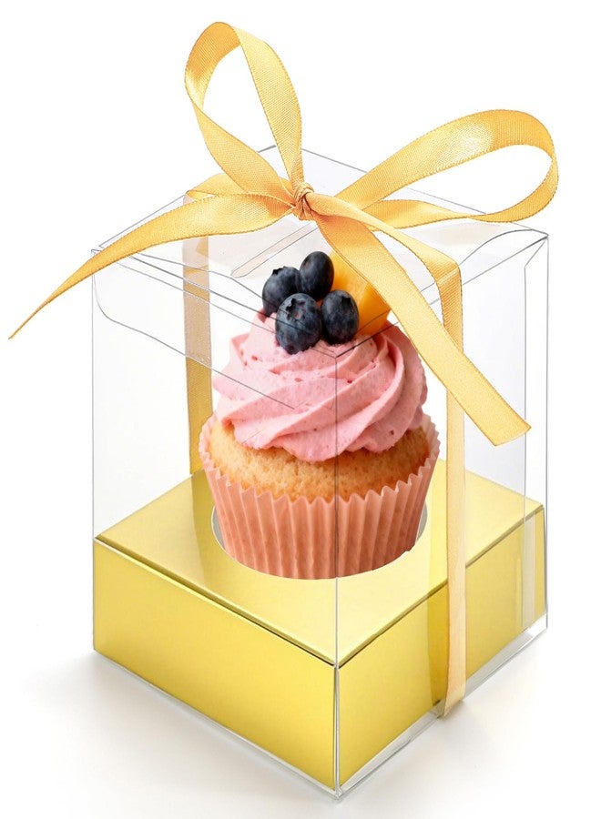 Cididu 48 PCS Clear Plastic Cupcake Boxes, 3.5 Inches Individual Cupcake Holder with Beige Ribbons Inserts, Disposable Single Ornament Gift Box Containers for Mother's Day Wedding Baby Shower Party - Image 3