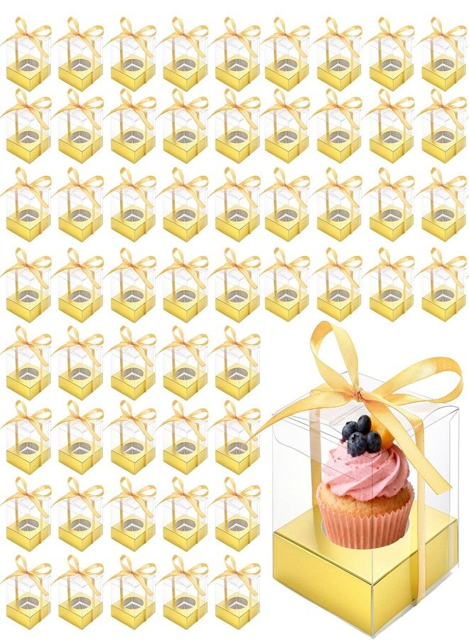 Cididu 48 PCS Clear Plastic Cupcake Boxes, 3.5 Inches Individual Cupcake Holder with Beige Ribbons Inserts, Disposable Single Ornament Gift Box Containers for Mother's Day Wedding Baby Shower Party - Image 1
