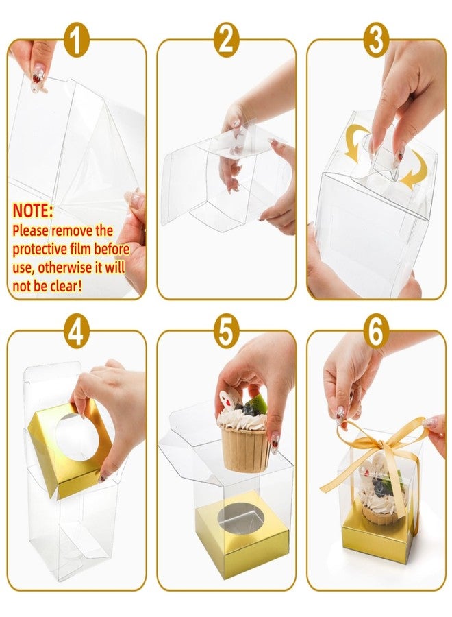 Cididu 48 PCS Clear Plastic Cupcake Boxes, 3.5 Inches Individual Cupcake Holder with Beige Ribbons Inserts, Disposable Single Ornament Gift Box Containers for Mother's Day Wedding Baby Shower Party - Image 5