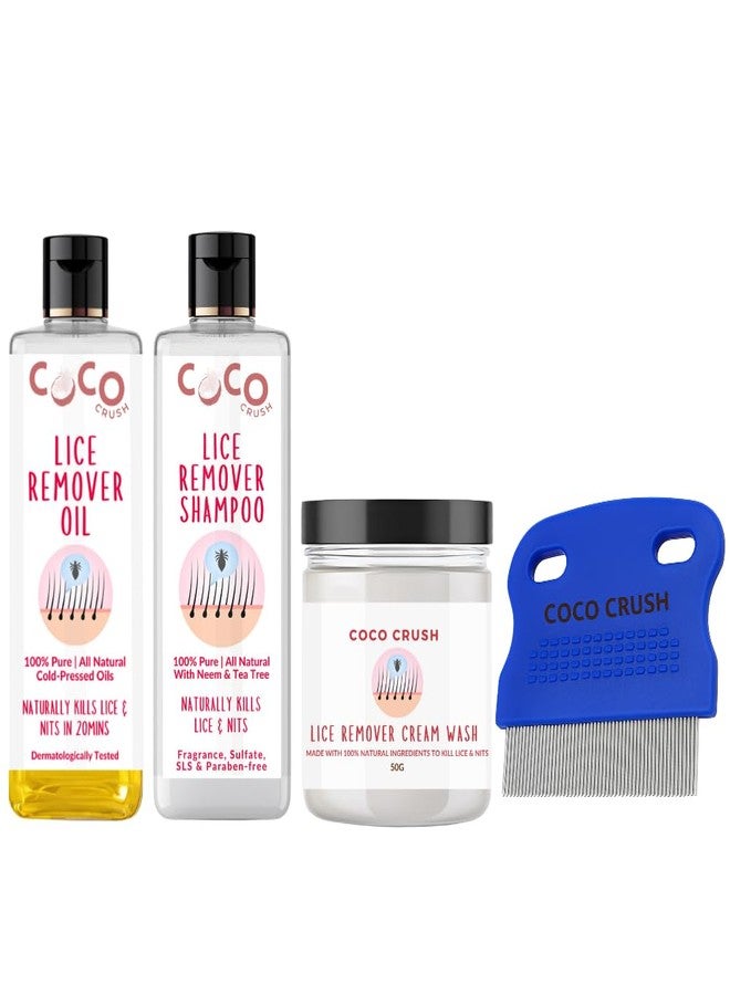 Coco Crush Complete Ayurvedic Lice & Nits Removal Kit | Herbal Oil, Anti-Lice Shampoo, Cream Wash & Precision Fine-Tooth Comb | 100% Natural, Safe & Chemical-Free | Kills Lice in 30 Minutes for Kids & Adults (250ml(2x100ml+50g) + Comb) - Image 1