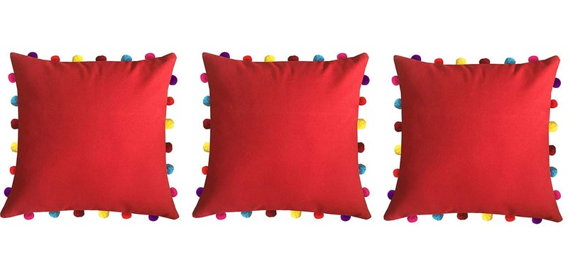 Lushomes Cushion Cover 18x18 Boho Cushion Covers Sofa Pillow Cover Cushion Covers with Tassels Cushion Cover with pom pom 18x18 Inches Set of 3Red - Image 1