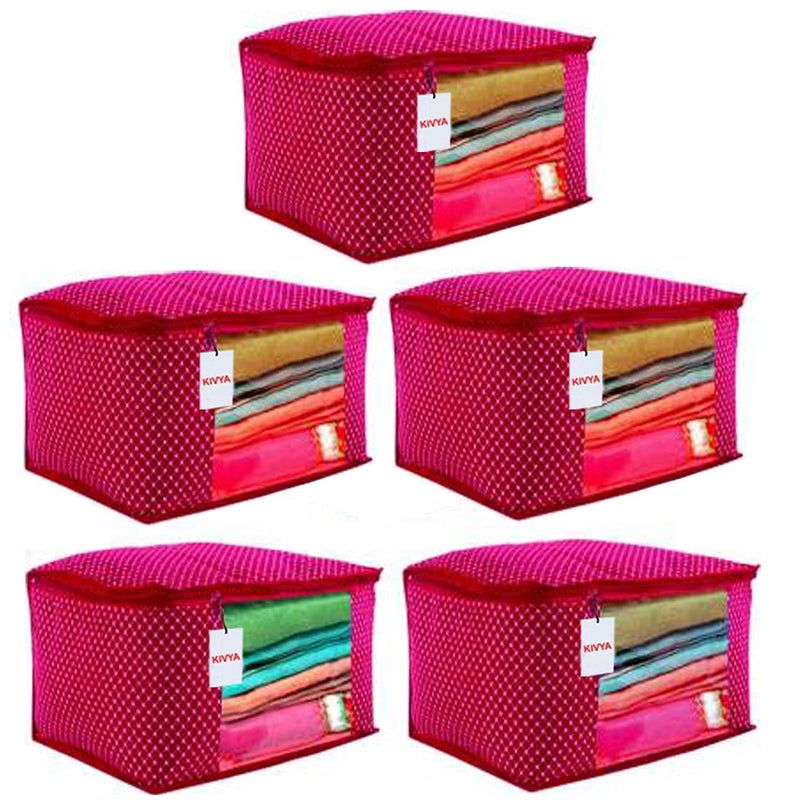 KIVYA 3 Layered Quilted Polka Dot Cotton Saree Covers Storage Bags For Wardrobe Organizers With Transparent Window Pink Set of 5 - Image 1