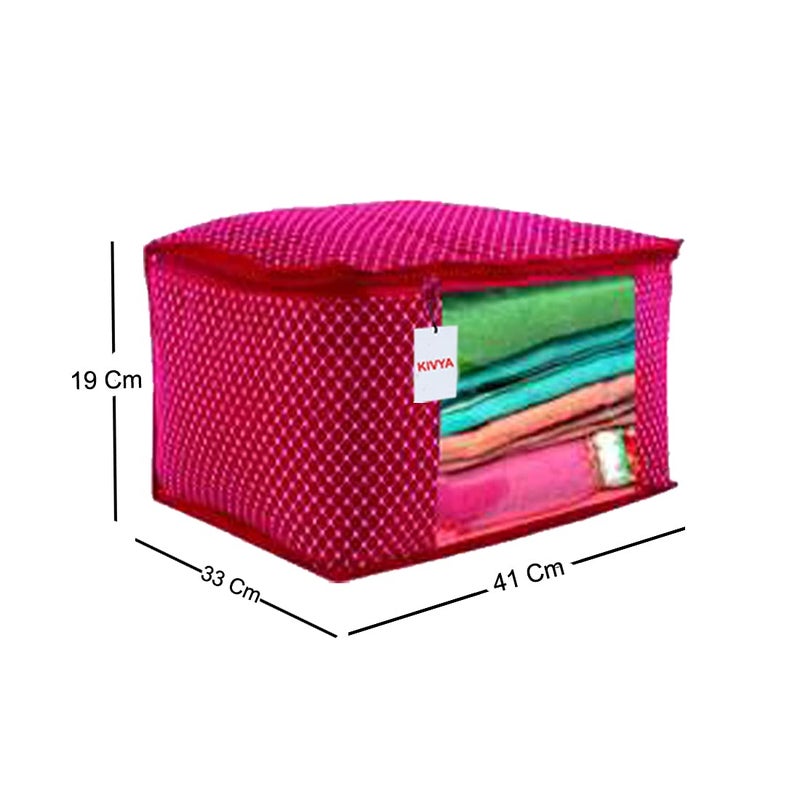 KIVYA 3 Layered Quilted Polka Dot Cotton Saree Covers Storage Bags For Wardrobe Organizers With Transparent Window Pink Set of 5 - Image 2