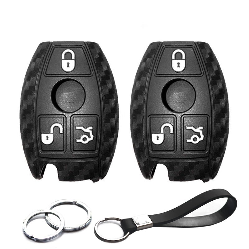 INFIPAR 2pcs Compatible with Mercedes Benz C CLK CL E GL GLK ML R S SL SLK Class Smart Key Fob Cover Case Key Chain Carbon Fiber Looks Rubber Protector Keyless Remote Holder Jacket