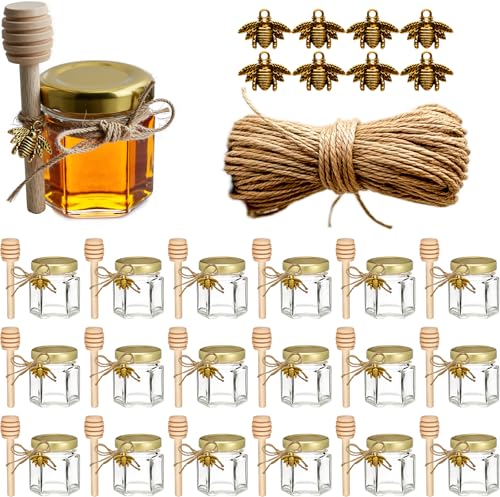 Adabocute Honey Pot, Mini Honey Jars with Dipper, Glass Honey Jars Baby Shower Favors, Party Favors & Wedding Favors, Gold Lid, Bee Pendants, Gold Organza Bags, 20 Pack 1.5oz - Image 1