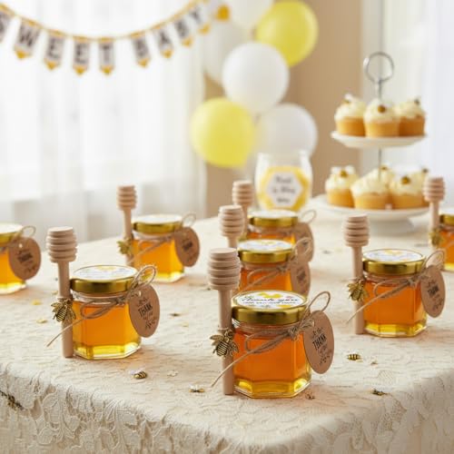 Adabocute Honey Pot, Mini Honey Jars with Dipper, Glass Honey Jars Baby Shower Favors, Party Favors & Wedding Favors, Gold Lid, Bee Pendants, Gold Organza Bags, 20 Pack 1.5oz - Image 4