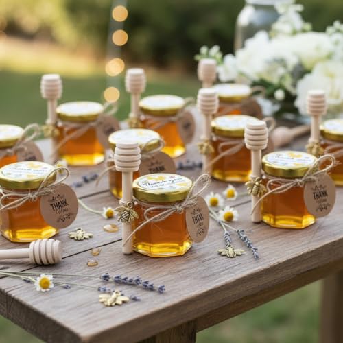 Adabocute Honey Pot, Mini Honey Jars with Dipper, Glass Honey Jars Baby Shower Favors, Party Favors & Wedding Favors, Gold Lid, Bee Pendants, Gold Organza Bags, 20 Pack 1.5oz - Image 3