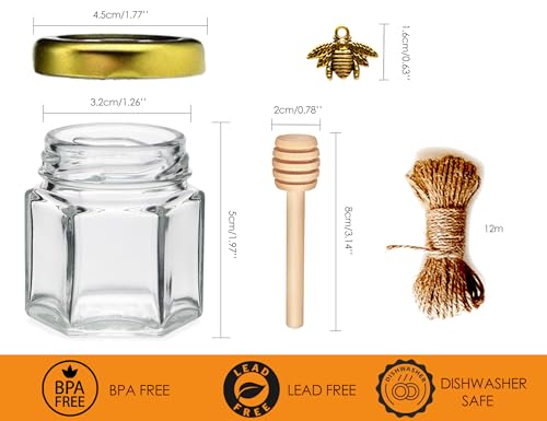Adabocute Honey Pot, Mini Honey Jars with Dipper, Glass Honey Jars Baby Shower Favors, Party Favors & Wedding Favors, Gold Lid, Bee Pendants, Gold Organza Bags, 20 Pack 1.5oz - Image 2