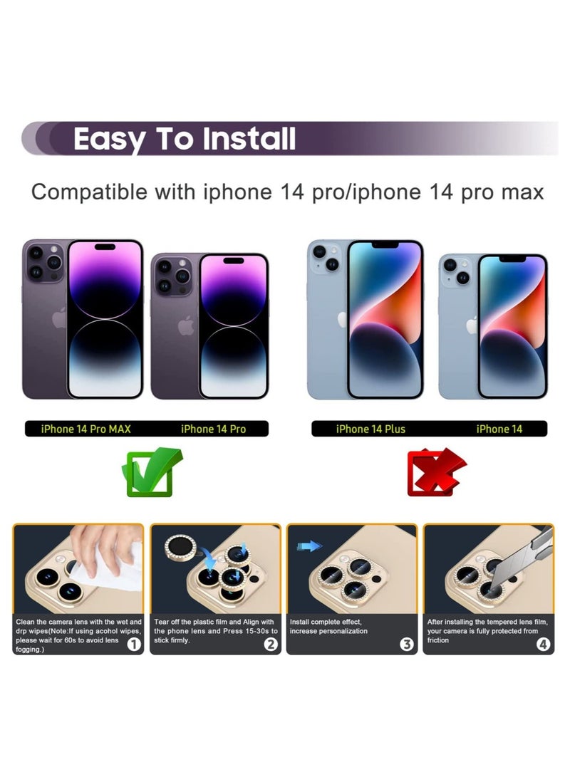 iPhone 14 Pro 6.1 inch /14 Pro Max 6.7 inch Camera Lens Protector, Set with Diamonds Bling Camera Cover Tempered Glass for iPhone 14 Pro Max /14 Pro [Perfectly Fit] - Diamond Gold - Image 2