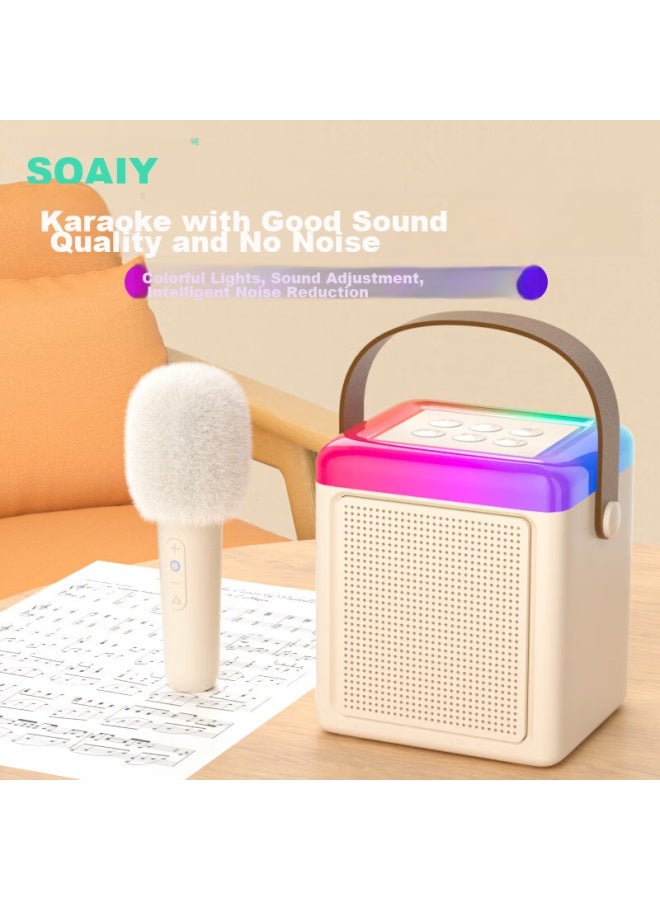 Soaiy Sk21 All-in Speaker Microphone, Dual Speakers, Wireless Bluetooth, Children's Karaoke, Outdoor All-people Singing, Home Ktv Speaker, Cream White, Single Microphone With Plush Cover - Image 1