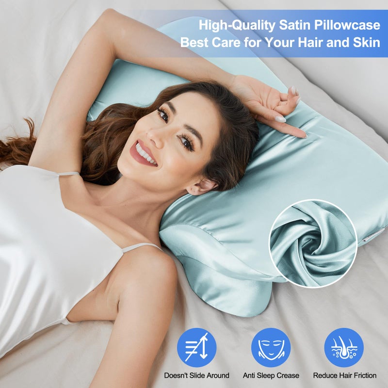 Zelimun Satin Pillowcase for Cervical Pillow, Ergonomic Case, Smooth & Silky Soft Sleeping Pillowcase, Light Blue Pillow Cover with Zipper - Image 2