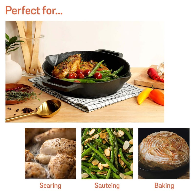 MEYER Meyer Pre Seasoned Cast Iron Skillet | Fry Pan | Iron Pan | Cast Iron Cookware| Cast Iron Frying Pan with 2 Side Handles | Gas and Induction Compatible, 26cm/ 2 litres, Black  - Image 3