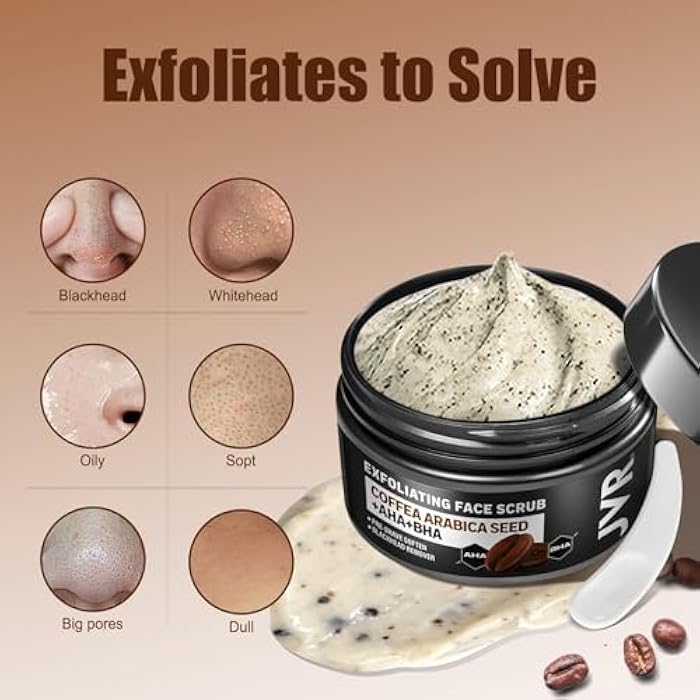 JVR Face Scrub for Men, Facial Scrub for Deep Exfoliating, Cleansing, Removing Blackheads, Ingrown Hair, Pre-shave Soften, Organic Formulated with Coffee Extract, AHA and BHA Face Exfoliator (4.23 oz) - Image 3