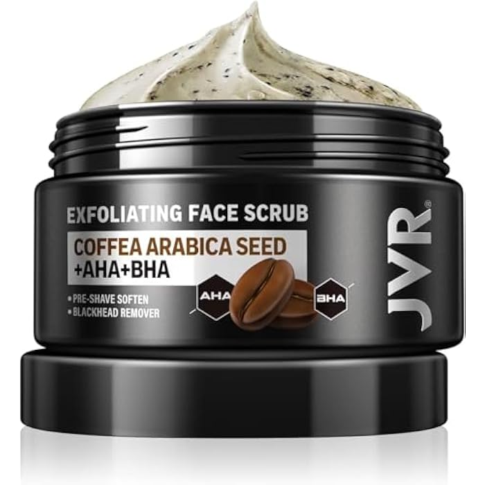 JVR Face Scrub for Men, Facial Scrub for Deep Exfoliating, Cleansing, Removing Blackheads, Ingrown Hair, Pre-shave Soften, Organic Formulated with Coffee Extract, AHA and BHA Face Exfoliator (4.23 oz) - Image 1