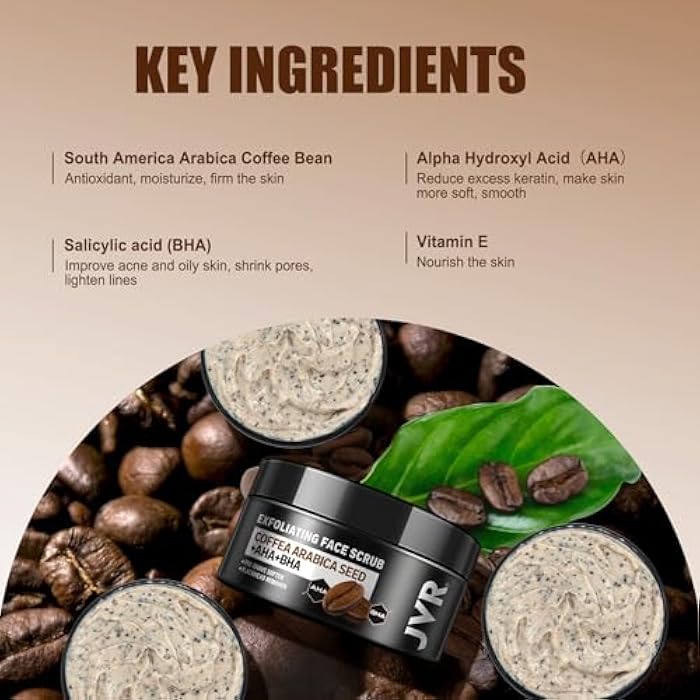 JVR Face Scrub for Men, Facial Scrub for Deep Exfoliating, Cleansing, Removing Blackheads, Ingrown Hair, Pre-shave Soften, Organic Formulated with Coffee Extract, AHA and BHA Face Exfoliator (4.23 oz) - Image 5