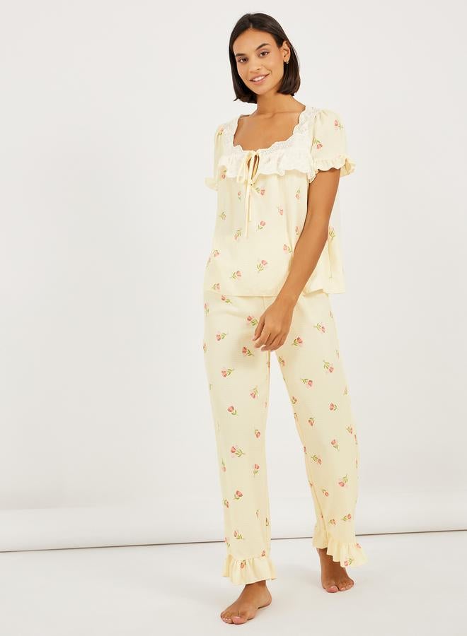 Styli Floral Textured Ruffle Sleeve Hem Broderie Trim Top and Pyjama Set - Image 1
