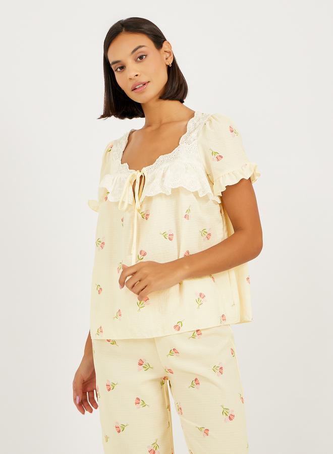 Styli Floral Textured Ruffle Sleeve Hem Broderie Trim Top and Pyjama Set - Image 2