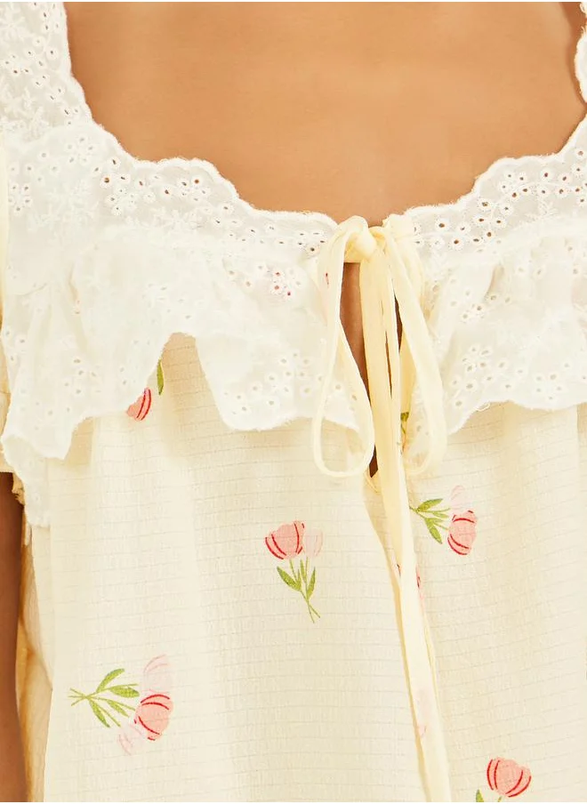 ستايلي Floral Textured Ruffle Sleeve Hem Broderie Trim Top and Pyjama Set