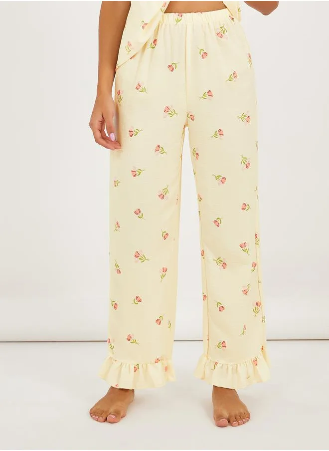 ستايلي Floral Textured Ruffle Sleeve Hem Broderie Trim Top and Pyjama Set