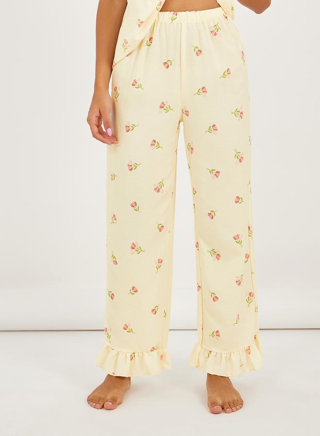 Styli Floral Textured Ruffle Sleeve Hem Broderie Trim Top and Pyjama Set - Image 4